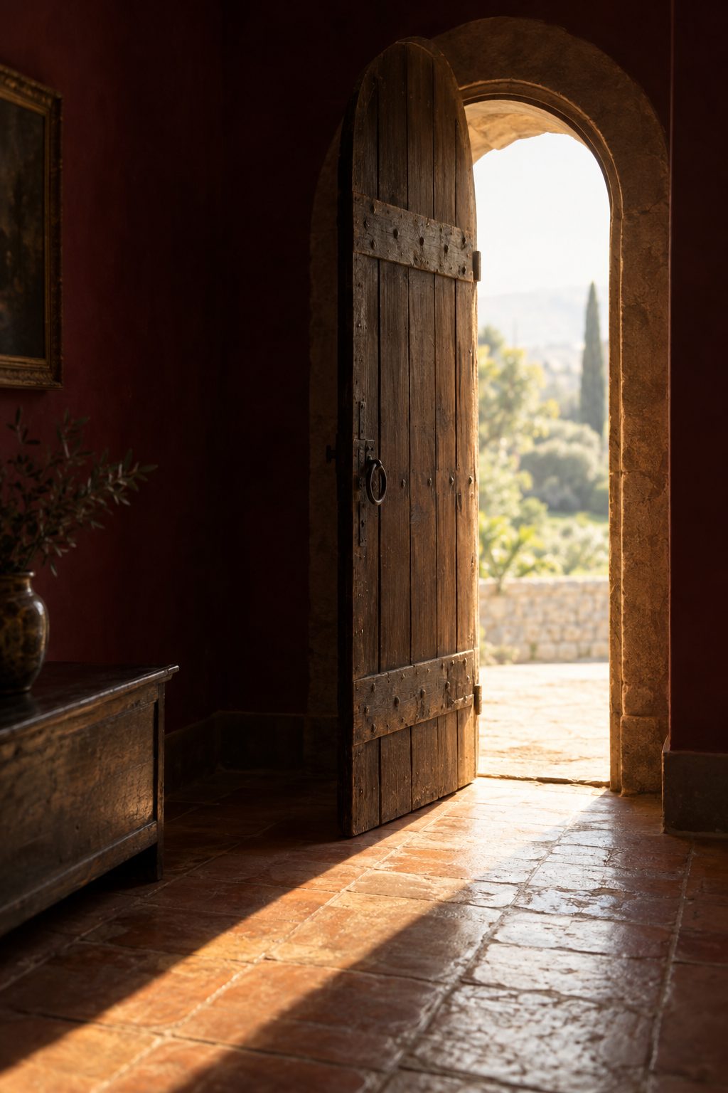 A wooden door standing open onto a sunlit garden