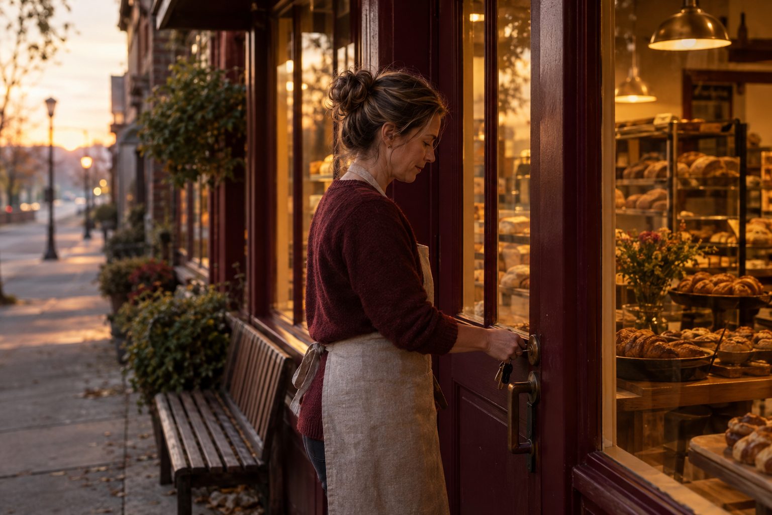 A bakery owner unlocking her shop at dawn
