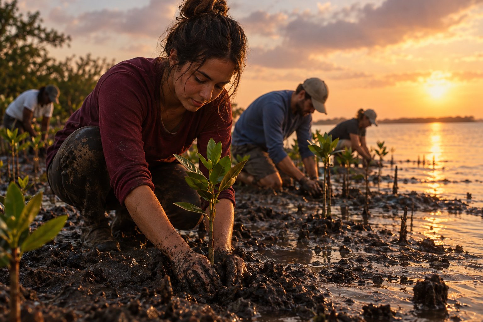 Volunteers planting mangrove seedlings along the coast at sunset