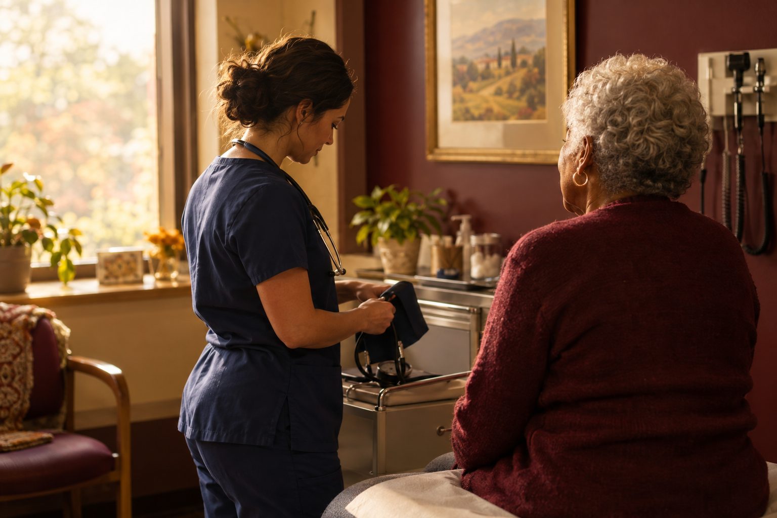 A nurse preparing a checkup for an older patient in a community clinic
