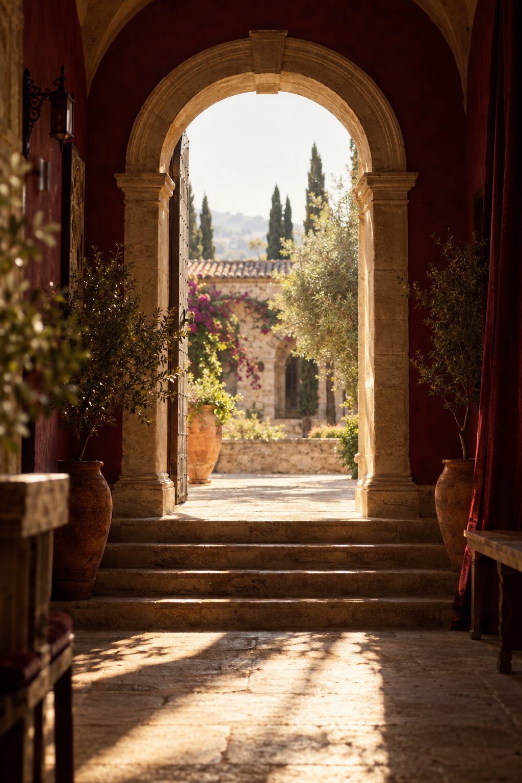 A sunlit stone archway opening onto a garden courtyard